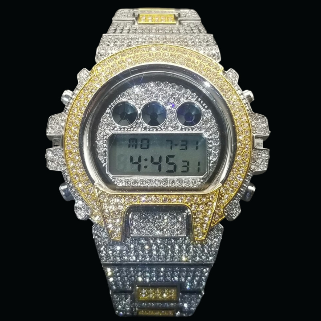 Duo Digital Led Waterproof Chronograph Iced Out Diamond Watch, Luxury VVS Shine