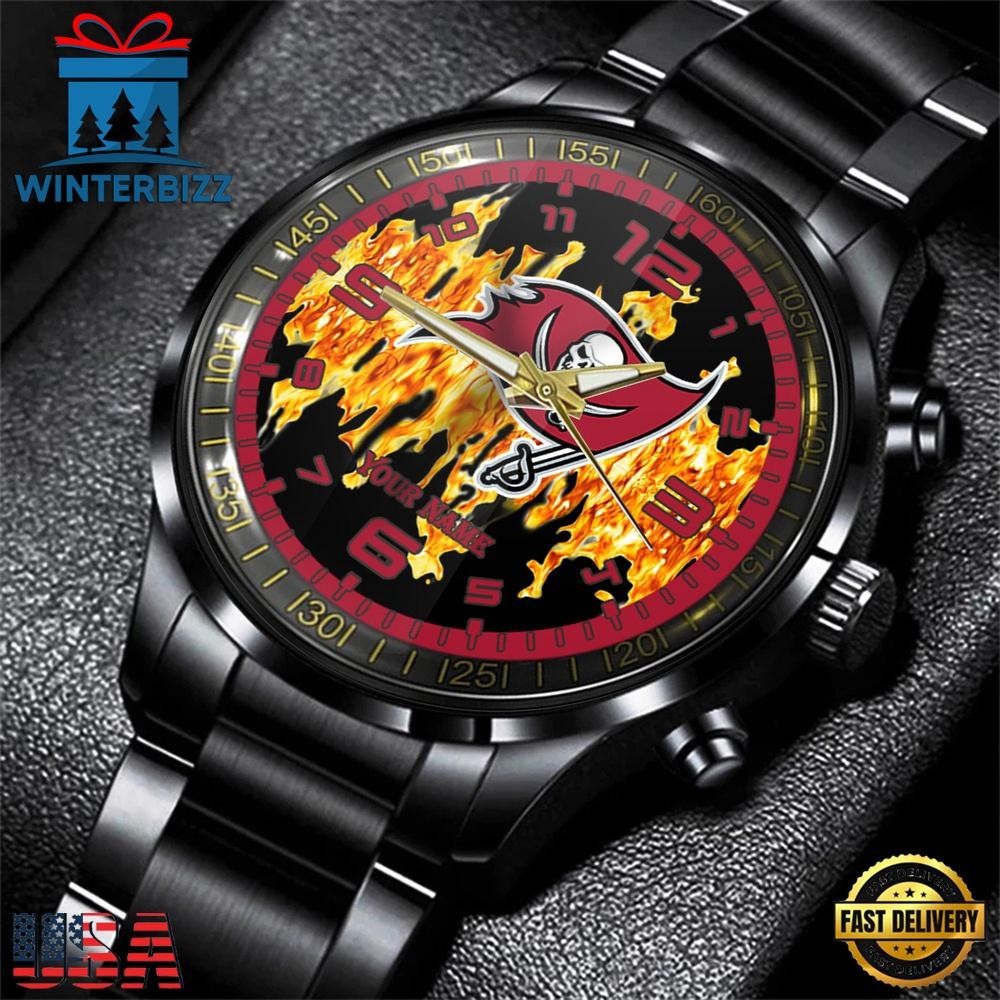 Custom Name Tampa Bay Football Team Buccaneerss 3D Men Black Stainless Steel Wat
