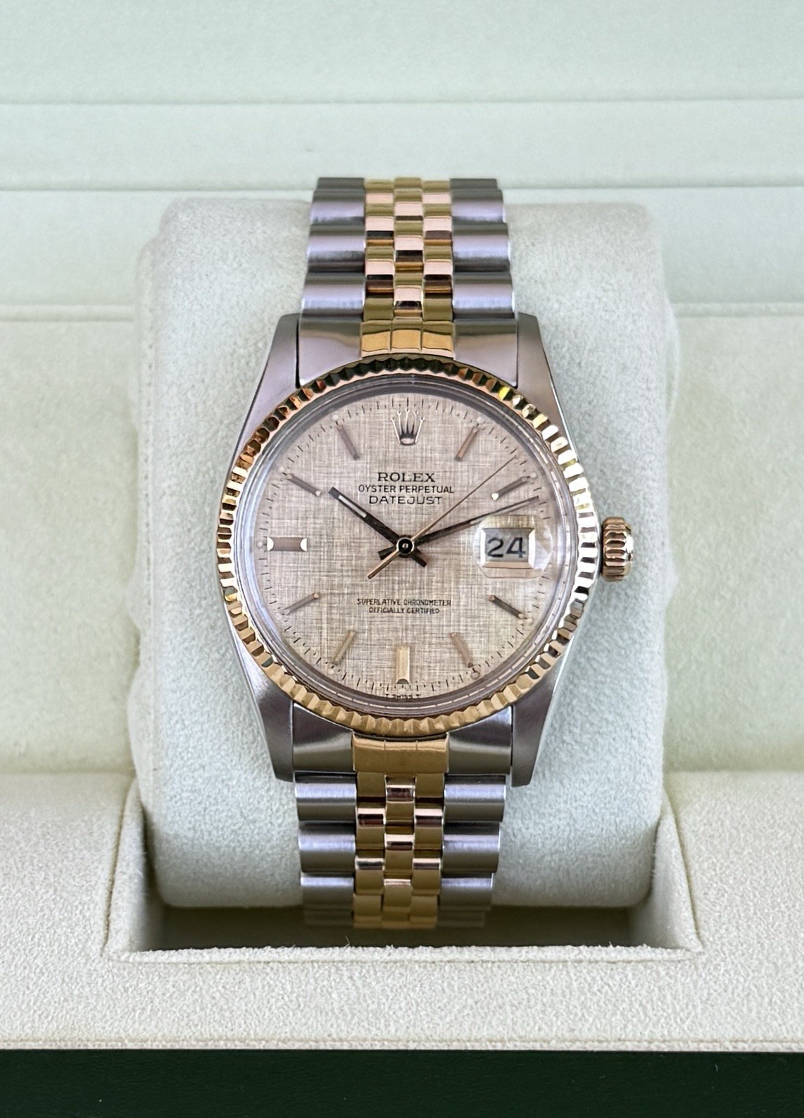 1984 Rolex DateJust Two Tone 18k Jubilee 36mm Gold Linen Dial 16013 – Serviced