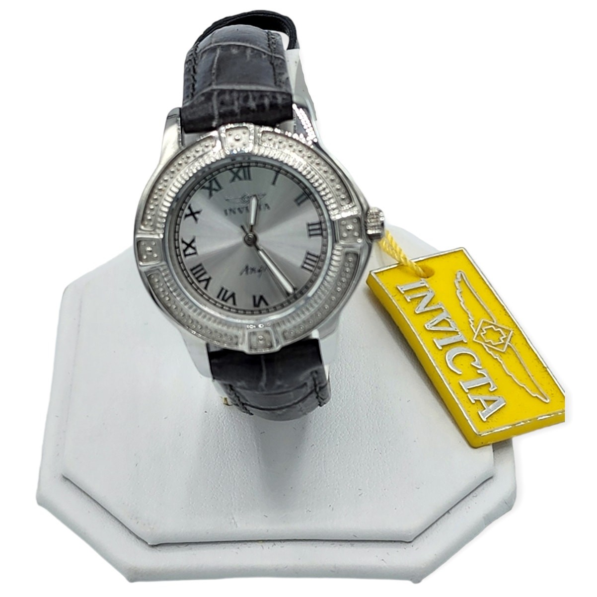 Invicta Angel Watch Gray Leather Band with Diamond Accent Bezel Womens 15083