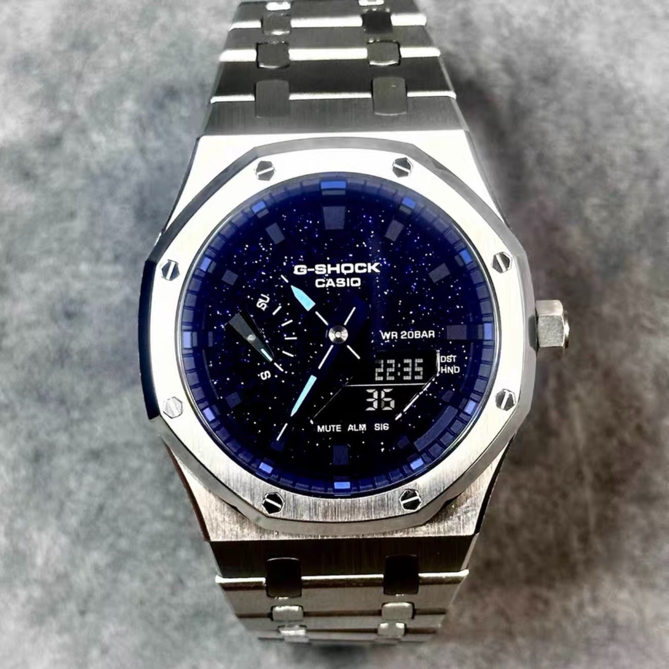 Custom Casio GA-2100 CasiOak Mod Silver Steel Band Blue Star Dial Watch Sapphire