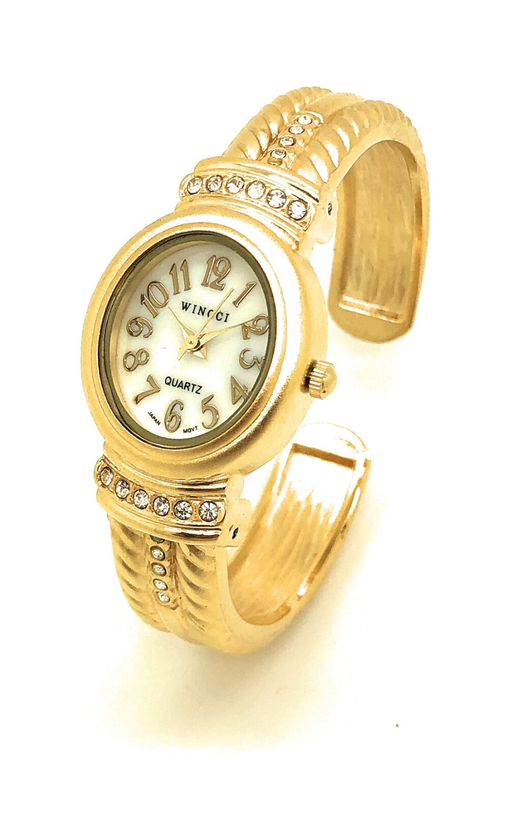 Wincci Ladies Oval Metal Bangle Cuff Fashion Watch Rhinestones Pearl Dial