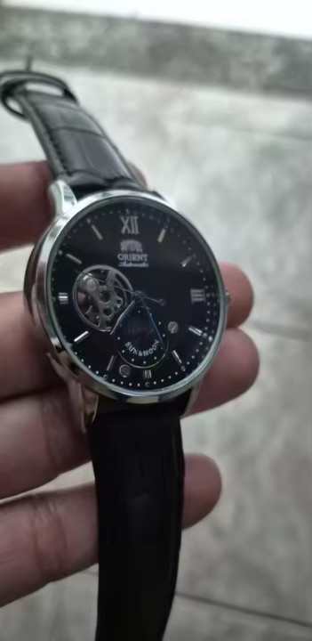 Orient Sun & Moon Semi Skeleton Automatic Watch Men’s Leather Strap Luxury Gift