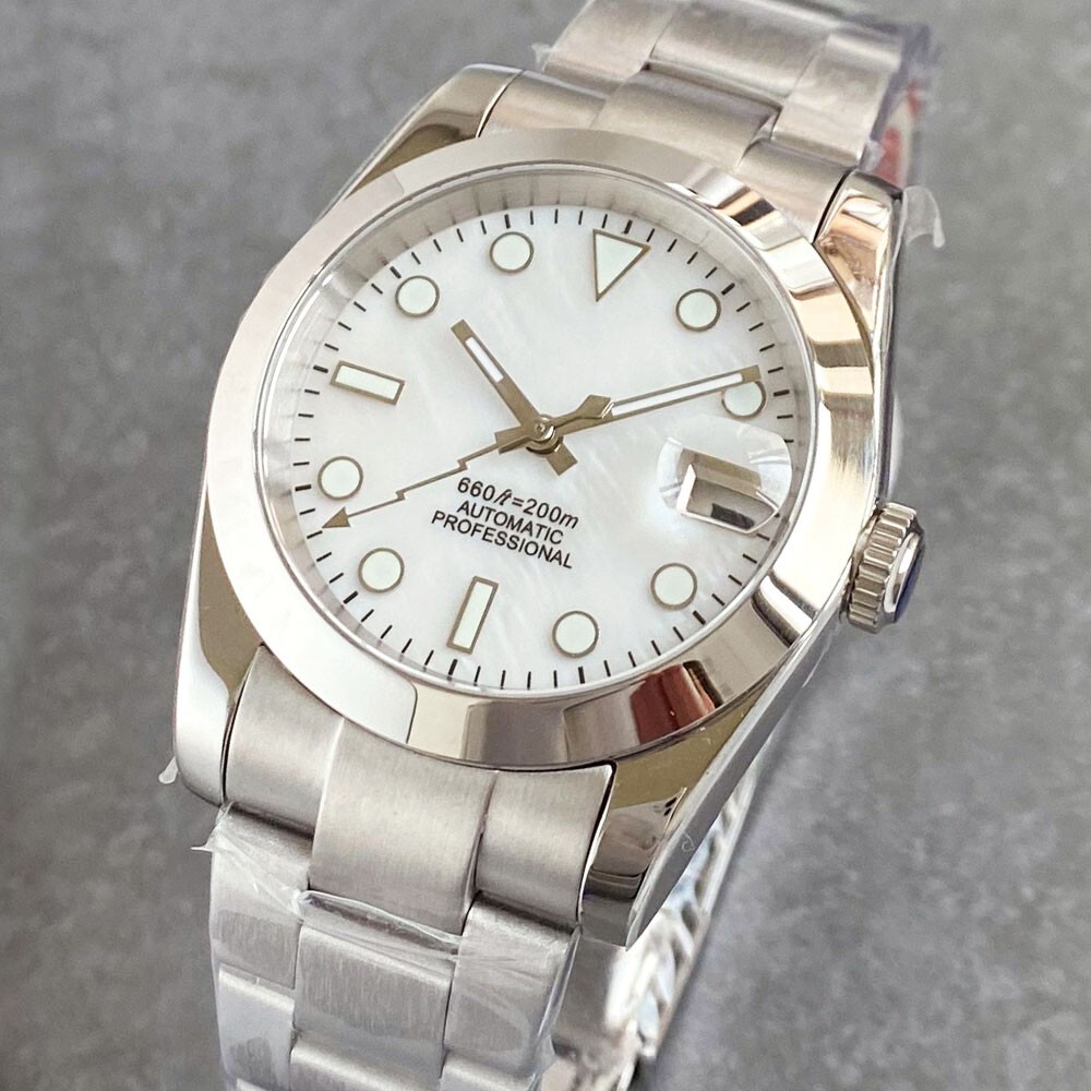 20ATM Diving 36mm NH35 Automatic Watch Men White Shell Dial Steel Bracelet