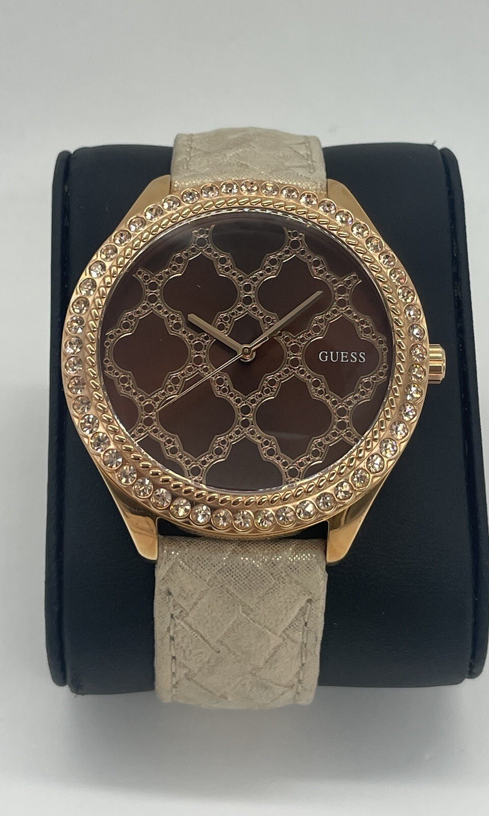 Guess women’s brown dial watch beige leather Rose gold tone gemmed case W0579l2