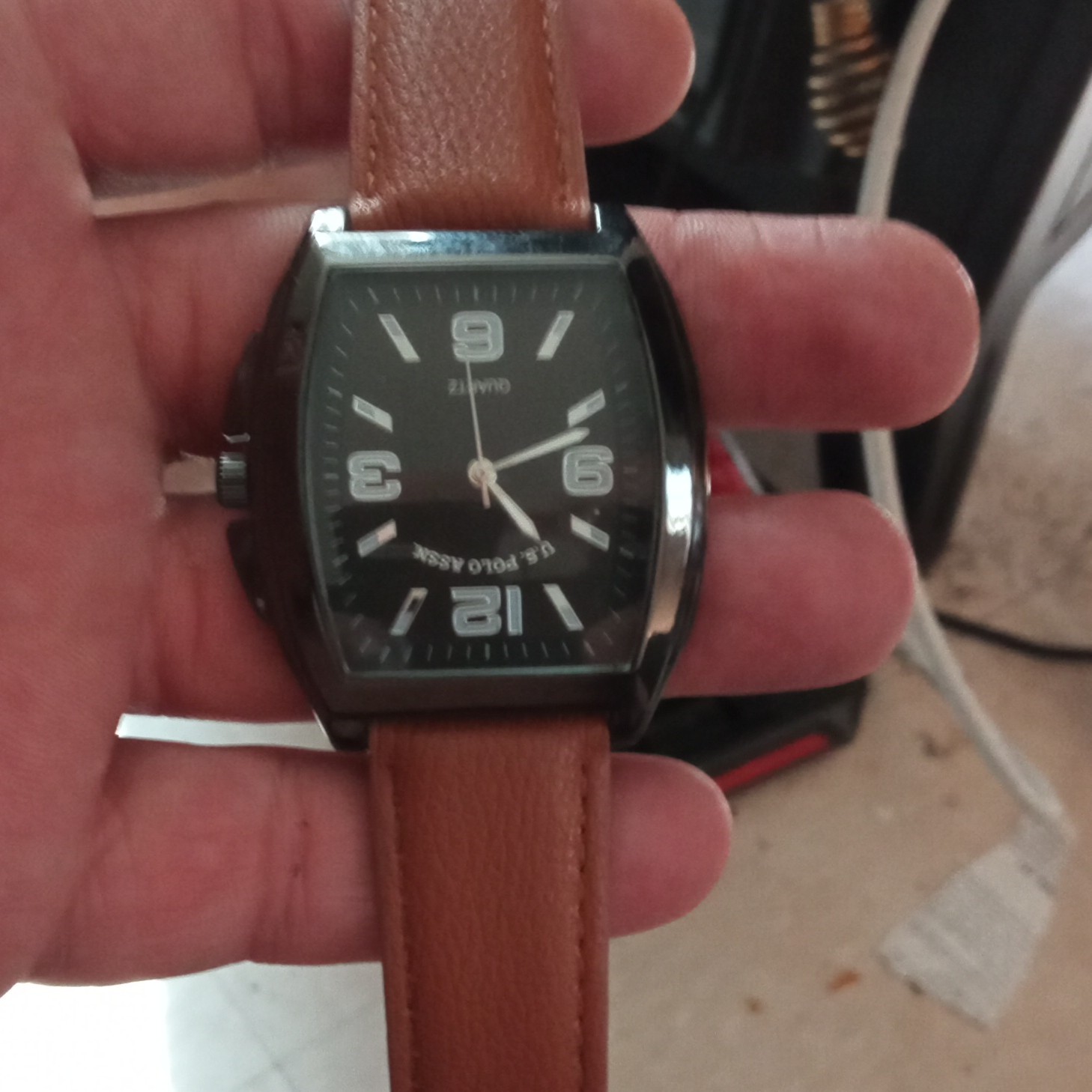 Geneva Tonneau/Barrel Quartz Analog Watch Black Dial Brown Leather Strap