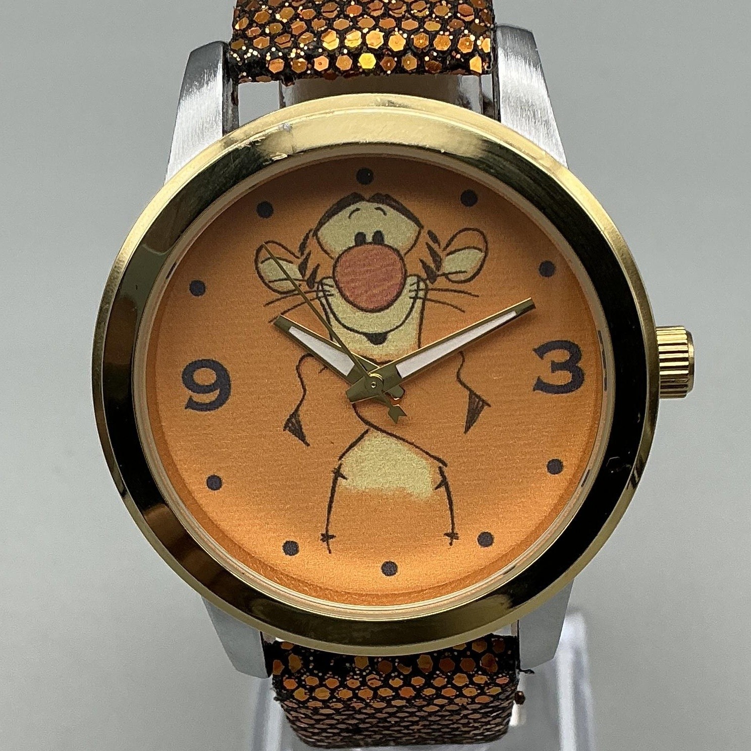 Disney Womens Watch 38mm Tigger Orange Dial Brown Glitter Strap New Battery