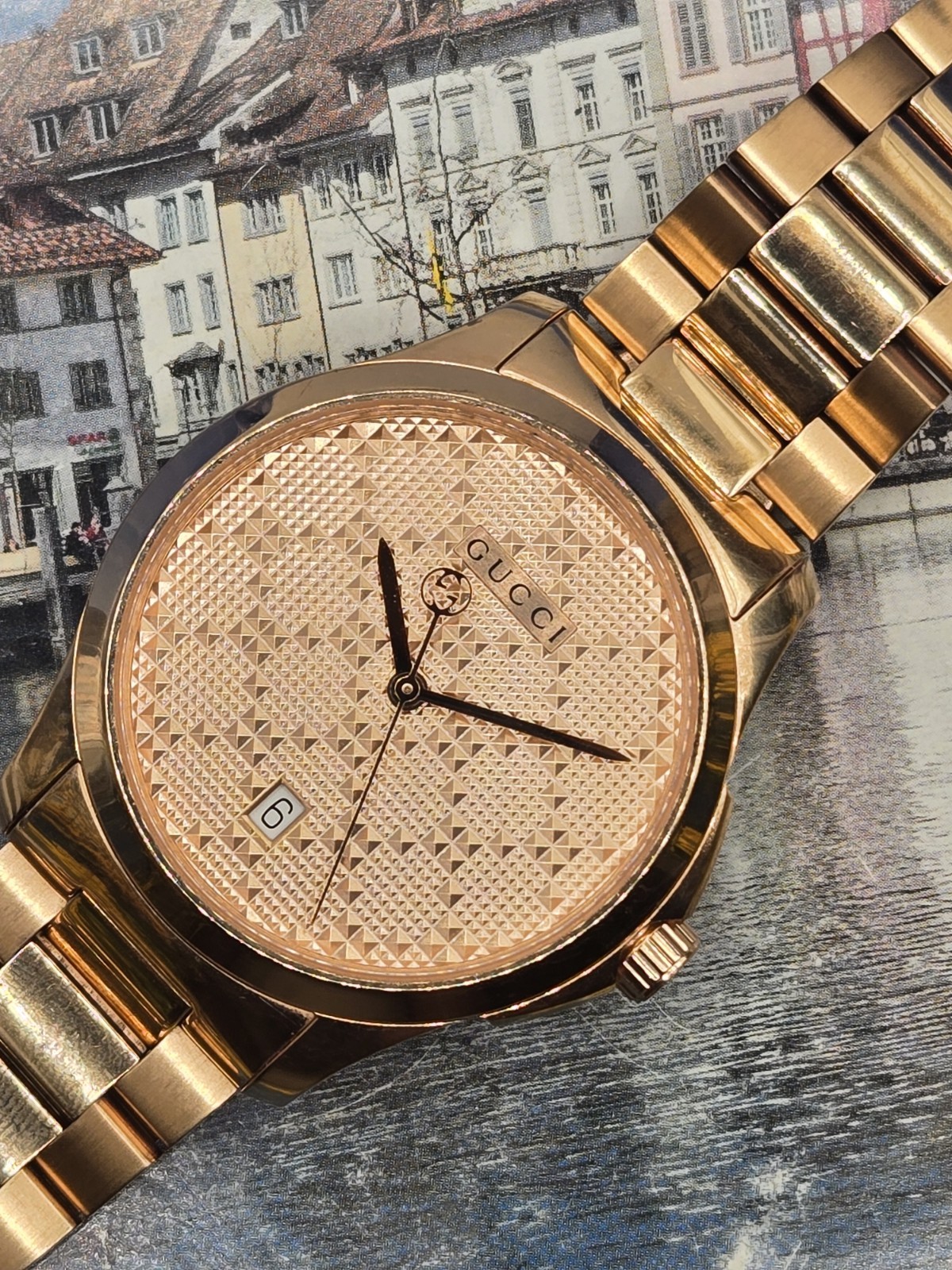 Gucci G-Timeless 126.4 Swiss Made Rose Gold Tone Date Quartz Fits 6.75 Inches