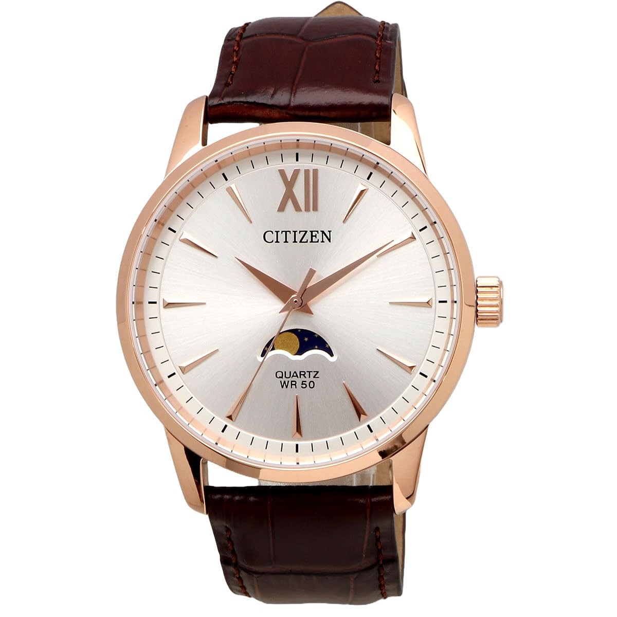 CITIZEN 50M waterproof Moon Phase Leather Belt AK5003-05A brown gold