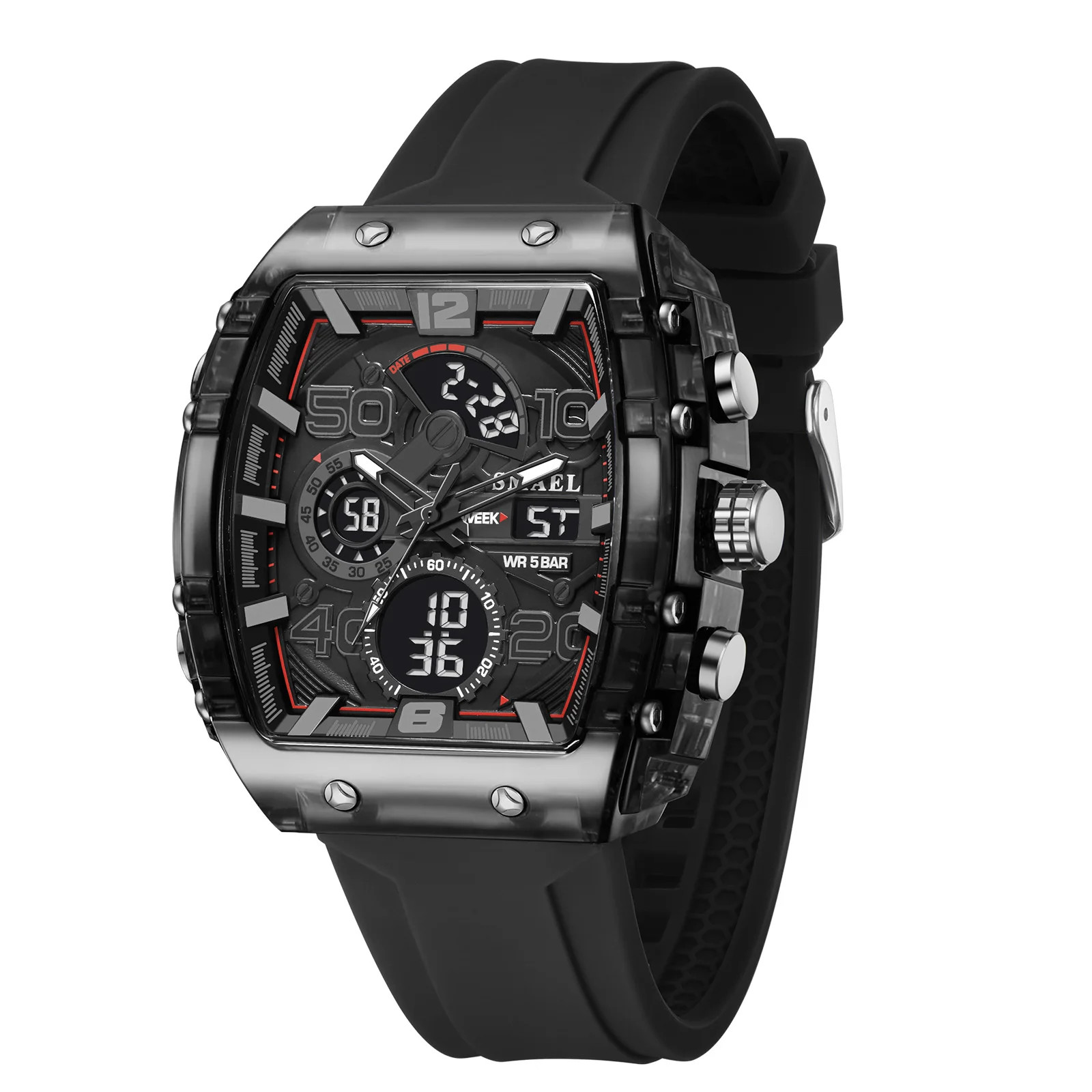 New Men’s Electronic Watch – Square Dual Display, Waterproof, Luminous, Multi-Co