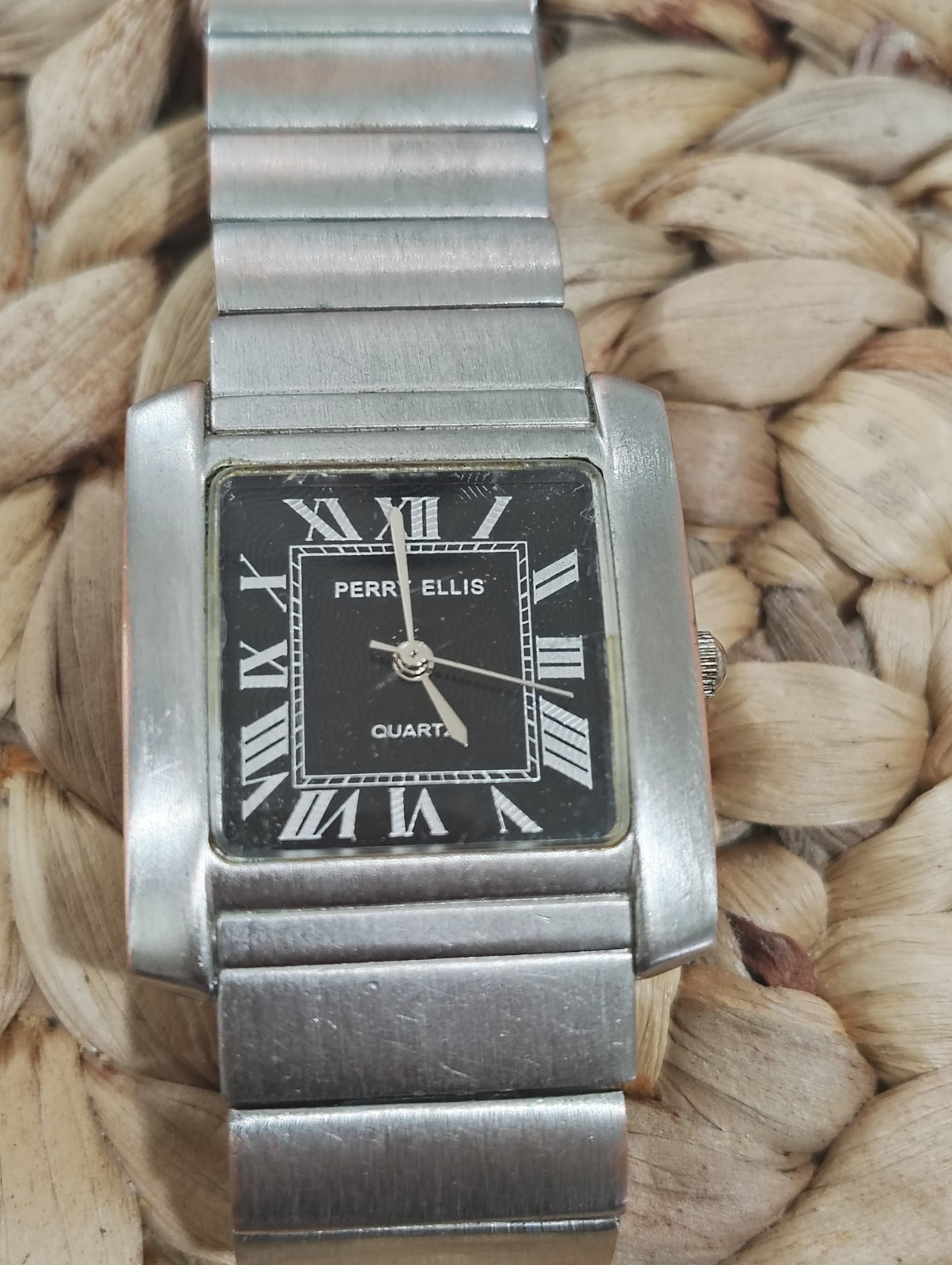 Perry Ellis Quartz Rectangular Dress Watch Black Roman Dial Silver Bracelet