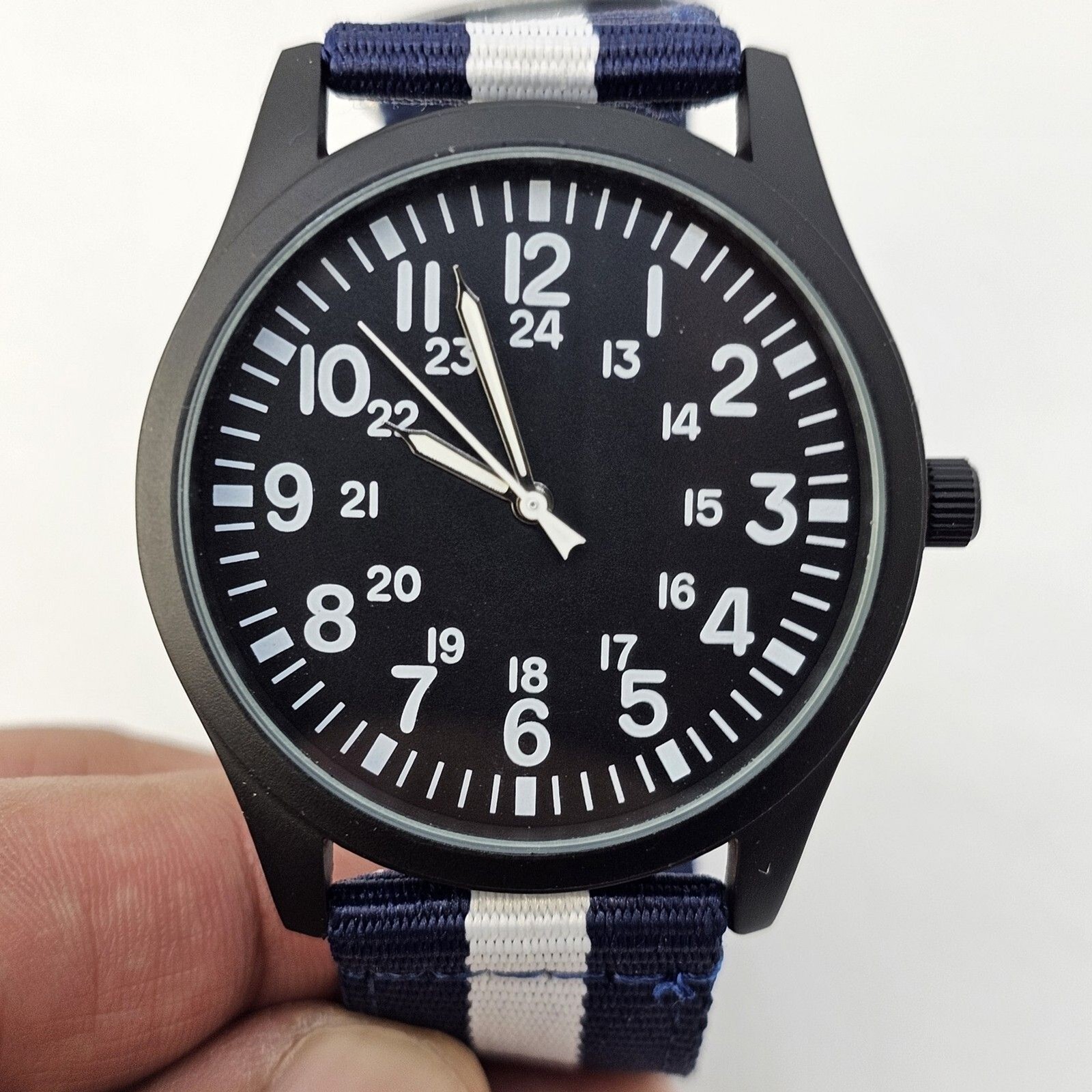 Men’s Field Watch 42MM Black Case Black Dial Blue White Canvas Band Straps NewBa