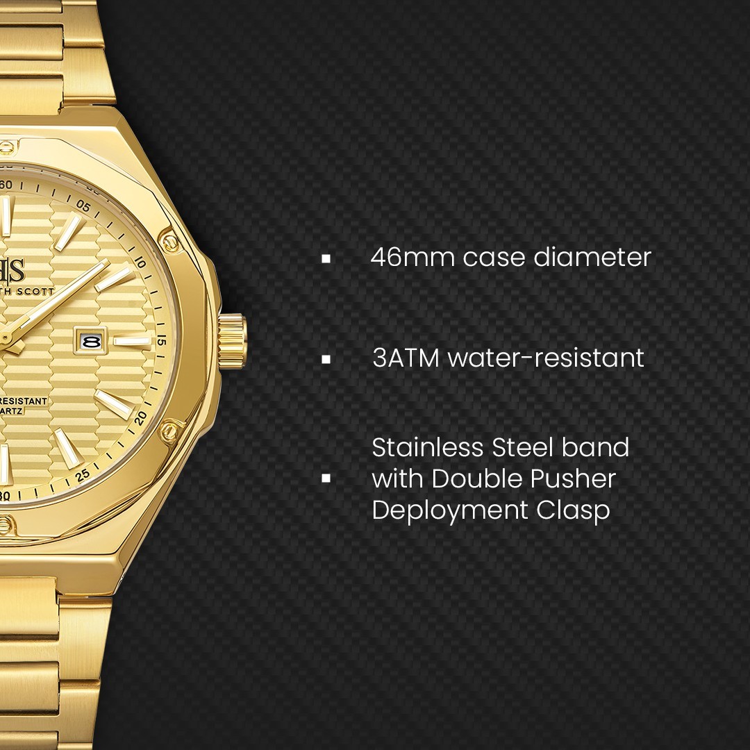 Kenneth Scott Men’s Analog Casual Watch | Champagne Dial, Gold Case & Strap