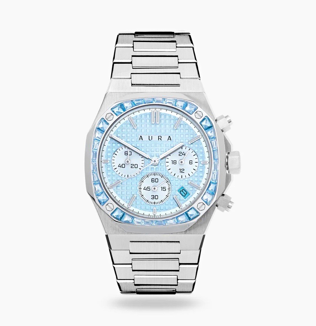 AURA Quartz Chronograph Date Blue Dial Octagon Steel Bracelet 40mm 50m w/Box