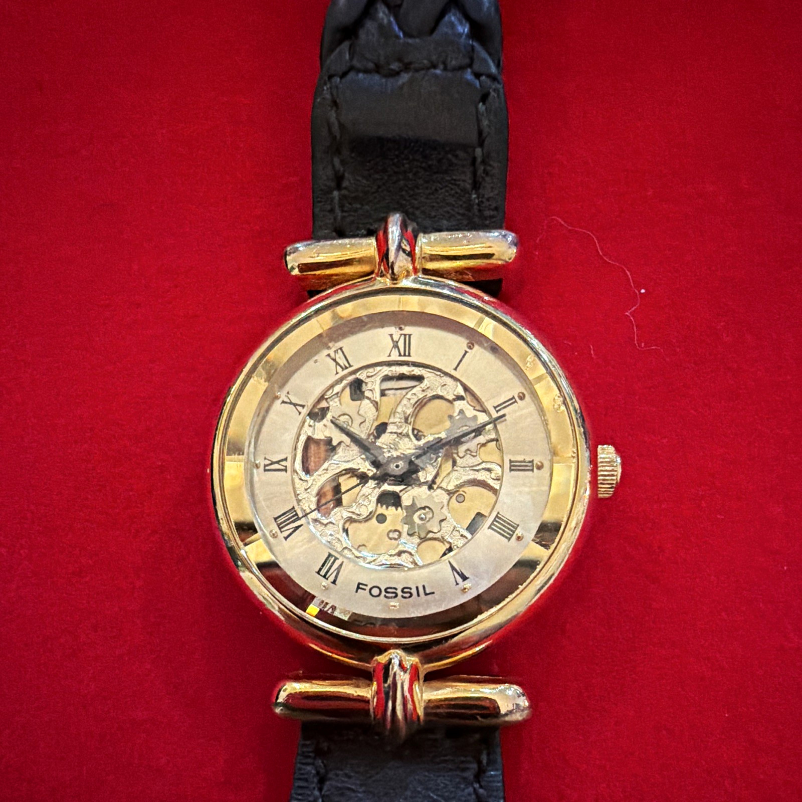 Fossil Skeleton Automatic Analog Watch Gold Tone Dial Case Black Braided Strap