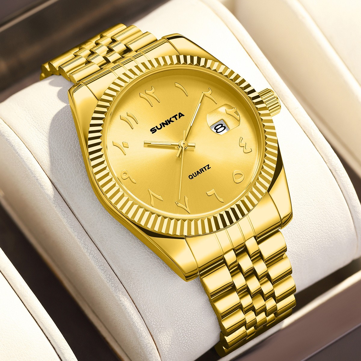 Men Watch Luminous Waterproof Stainless Steel Calendar Quartz Wristwatch Golden