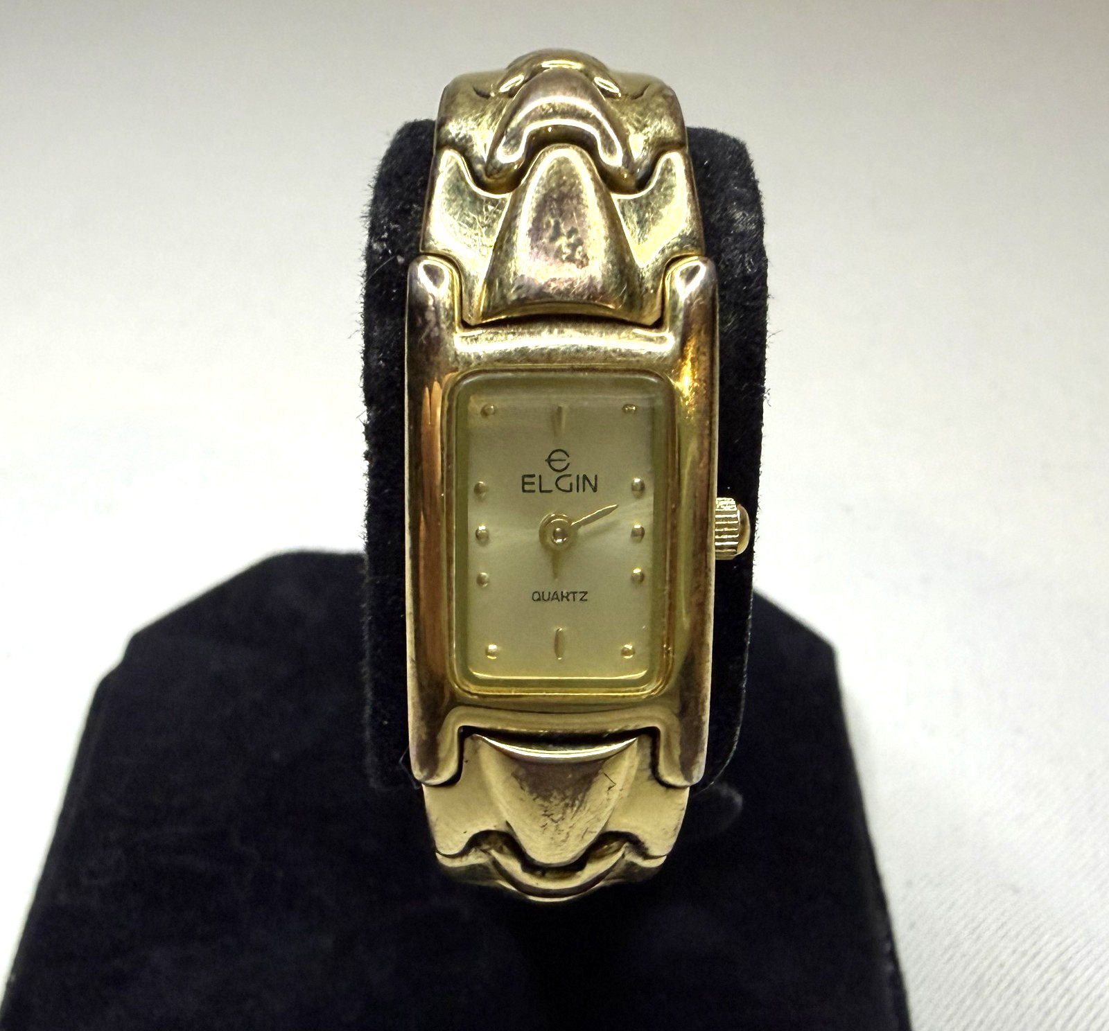Elgin EM912-170 Womens Gold Tone Watch Rectangular Case Chevron Link Bracelet