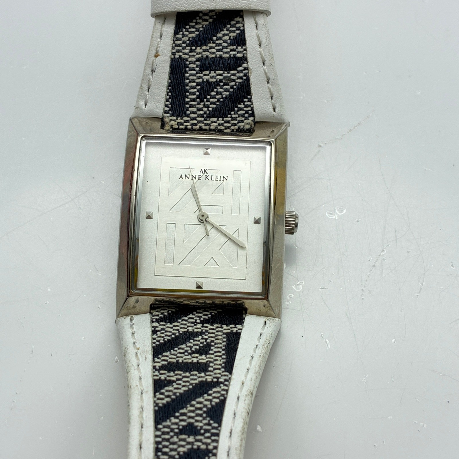 Anne Klein Women Silver Tone Rectangular Watch Monogram Fabric Leather 10/8601