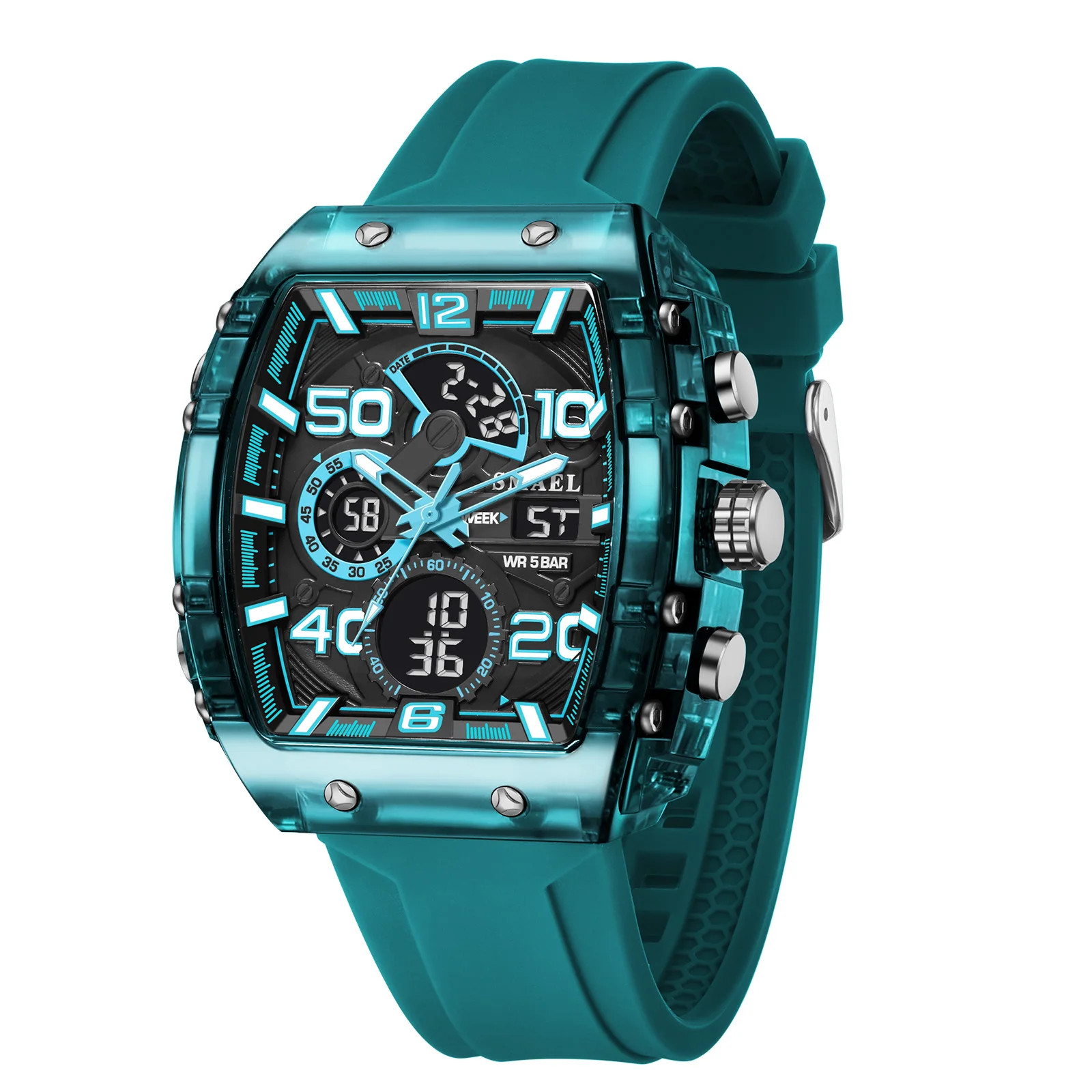 New Men’s Electronic Watch – Square Dual Display, Waterproof, Luminous, Multi-Co