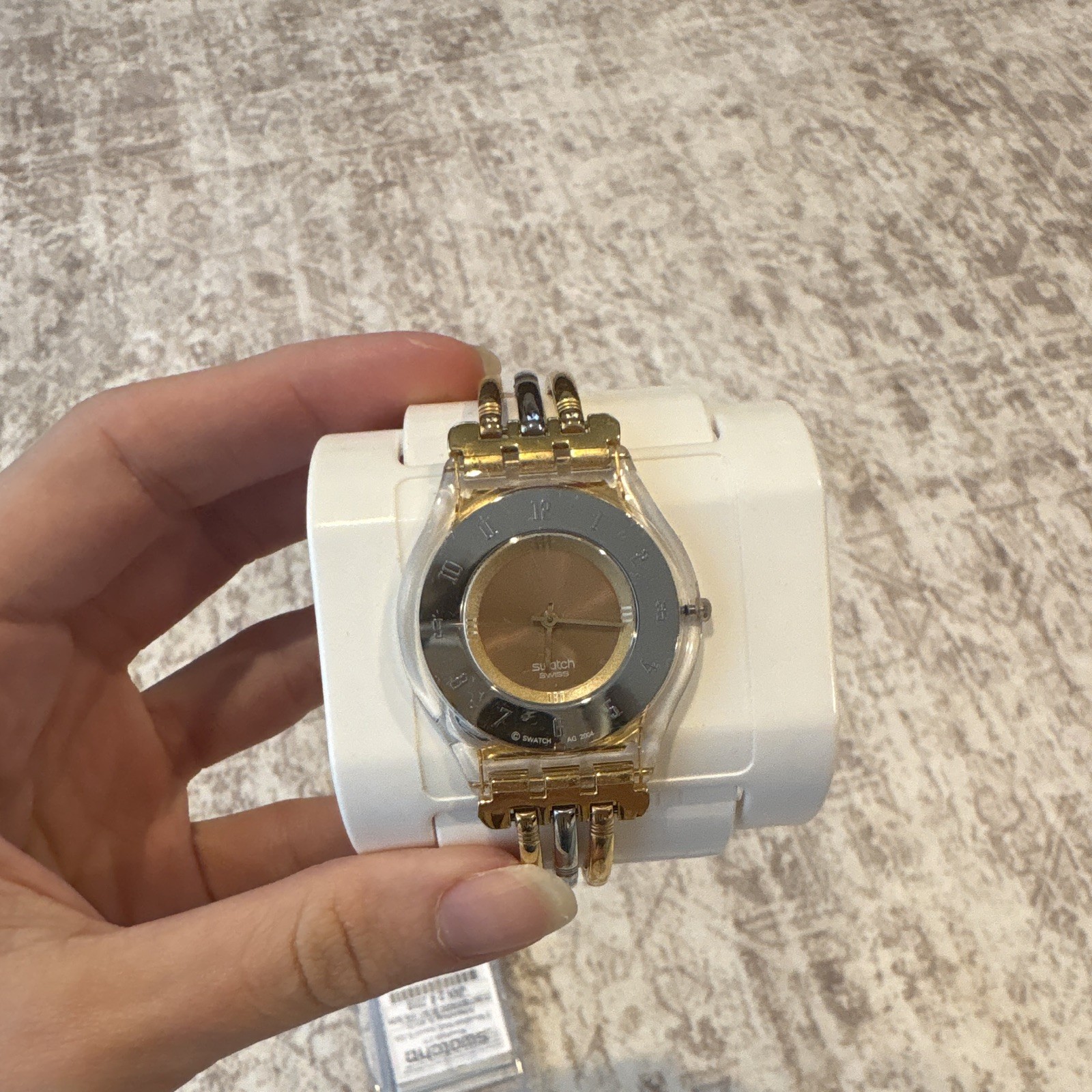 Swatch Irony Women Quartz Swiss Made Analog Gold Dial Clear Case Two-Tone Band