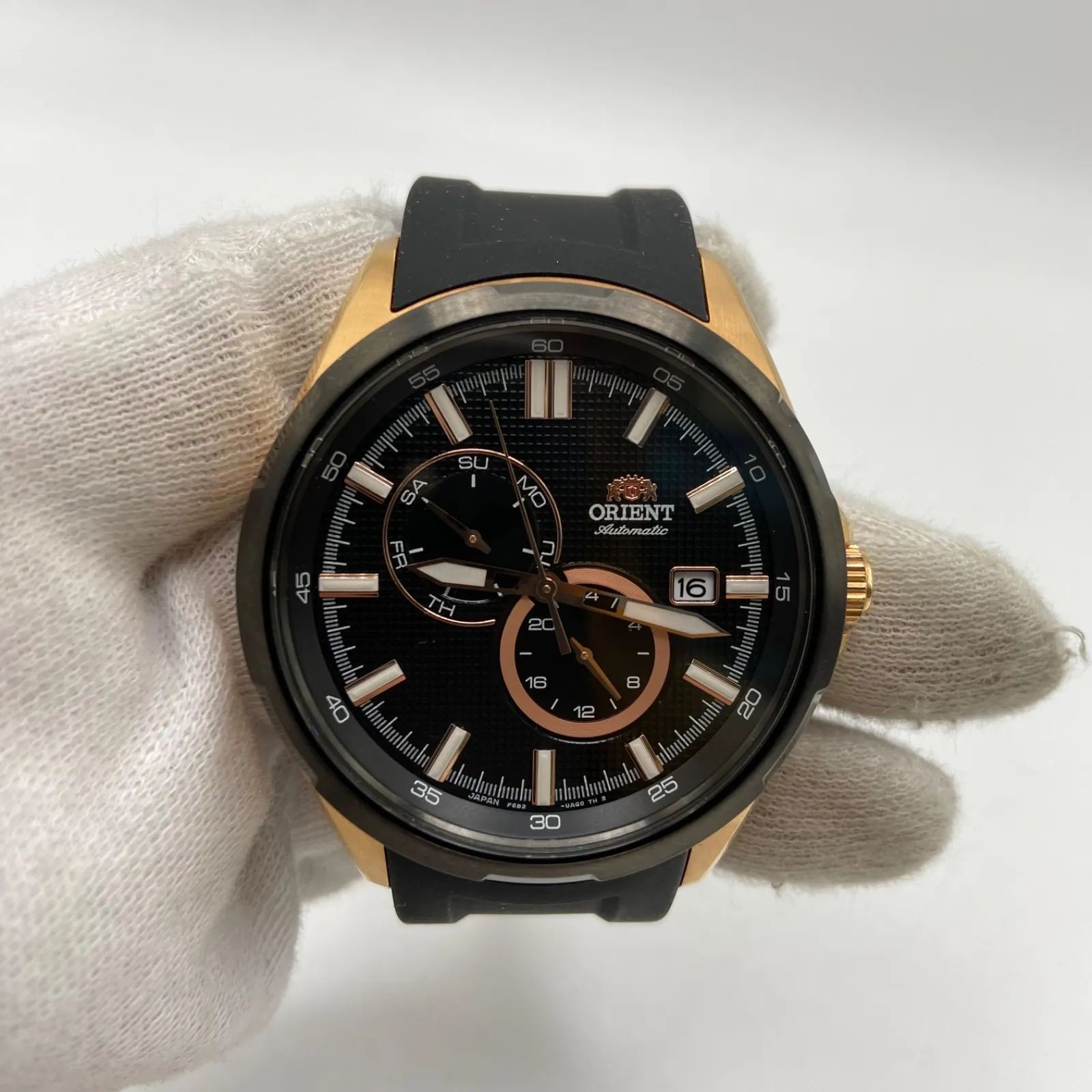Orient Automatic Chronograph Watch Rubber Strap Wrist 23cm Rose Gold Black