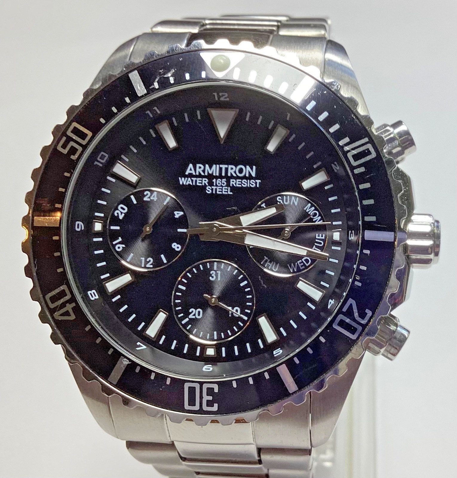 Armitron Mens Watch 46mm Black Dial Day Date Bracelet 20/5351SV New Battery 7.5”