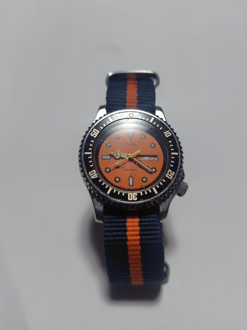 【From Japan】ALBA diver’s watch, orange dial, quartz movement, Vintage, [working]