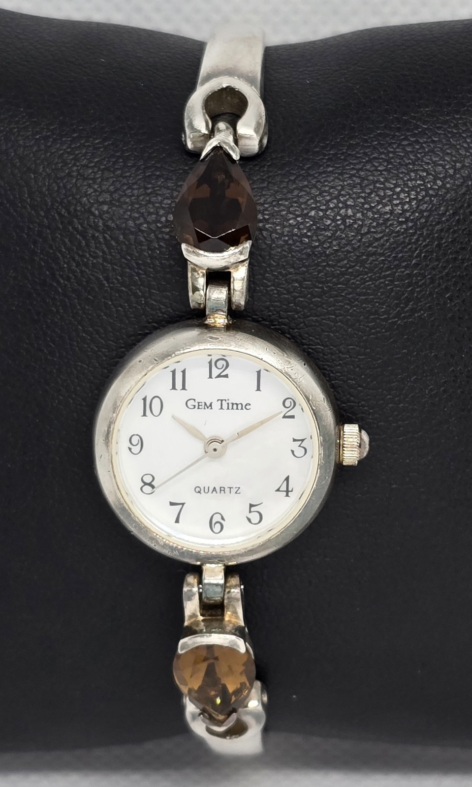 Women’s Vintage Gem Time 925 Sterling Silver Gemstone Bangle Links Watch 12