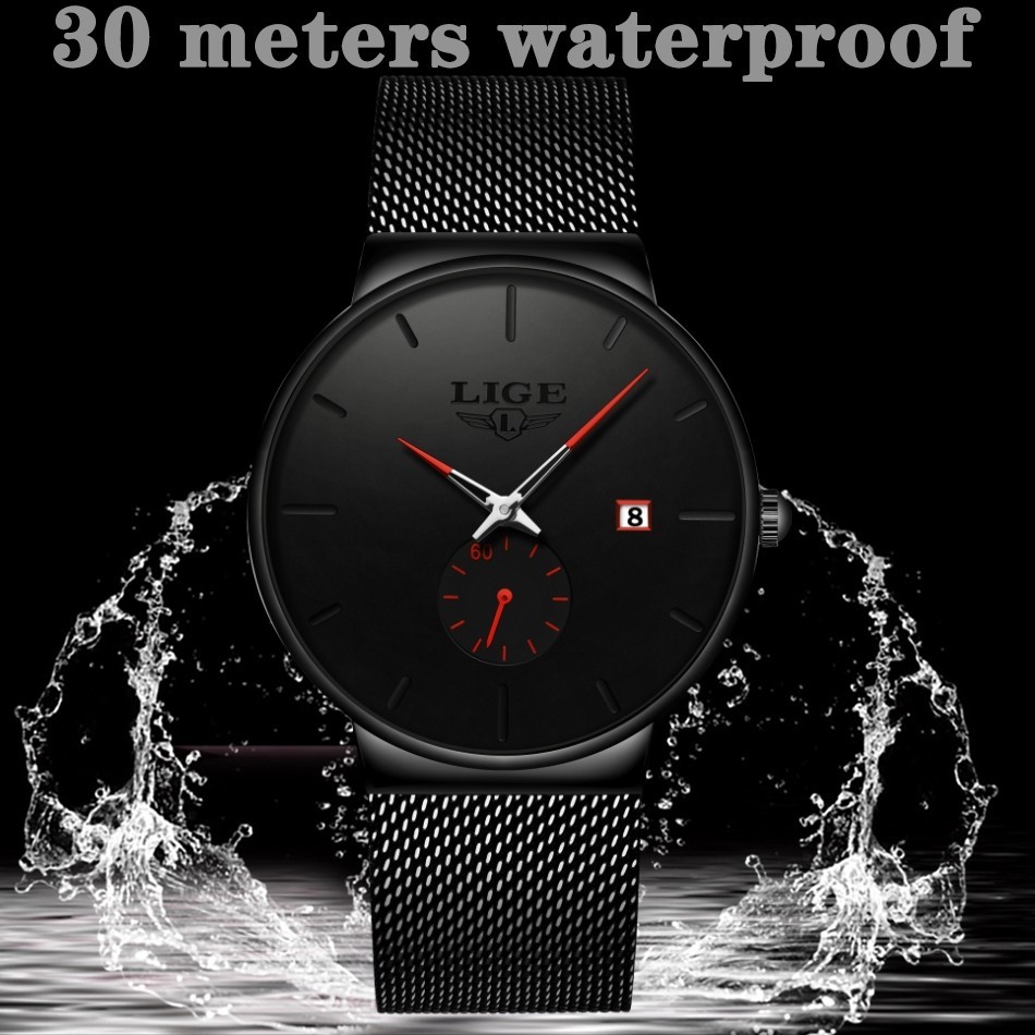 LIGE Men Watch Quartz Analog Date Round Dial Business Mesh Strap Male Wristwatch