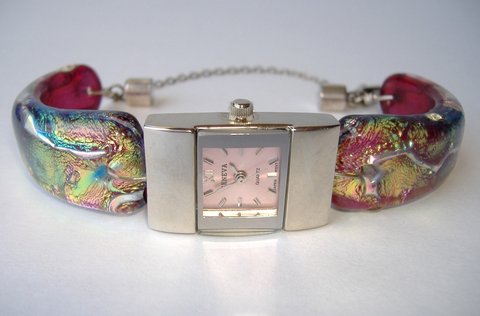 Pink Breast Cancer Awareness Watch Fused Dichroic Glass Handmade Wristwatch New