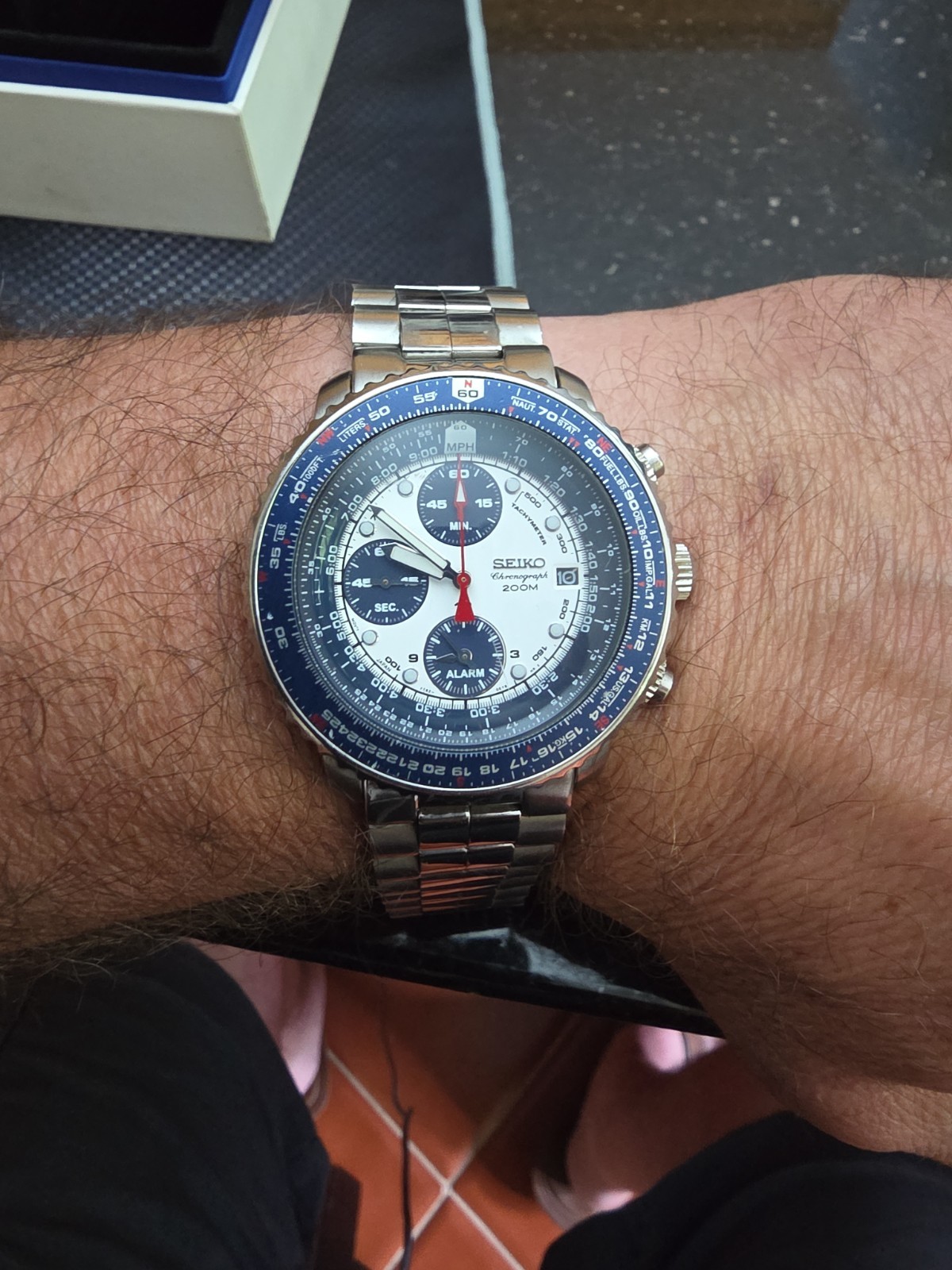 Seiko Flightmaster SNA413 Blue Panda Chronograph 7T62-0EB0 Pilot Watch 200M Rare