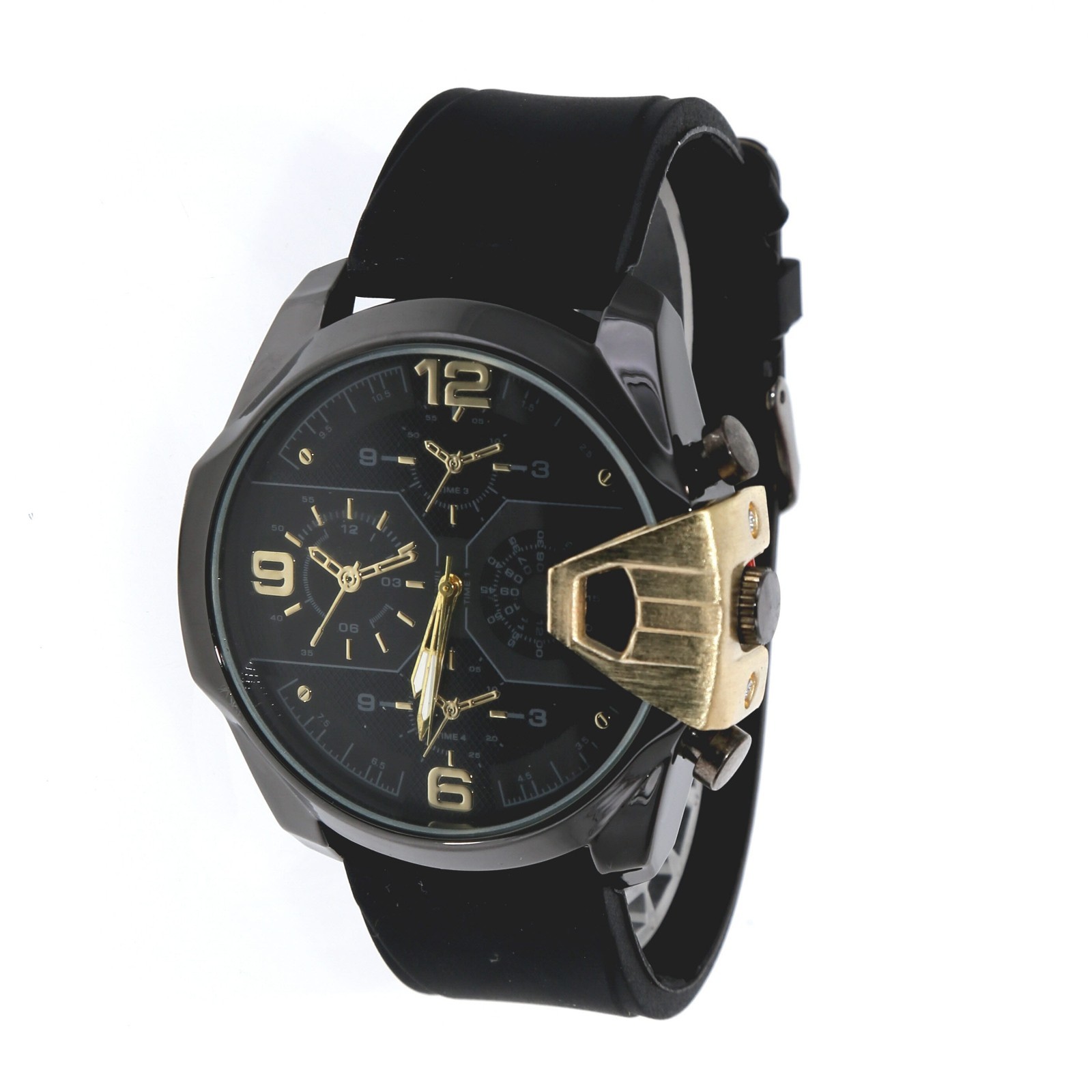 Men’s Oversize Watch Designer Style Gold & Black Finish Silicone Band`