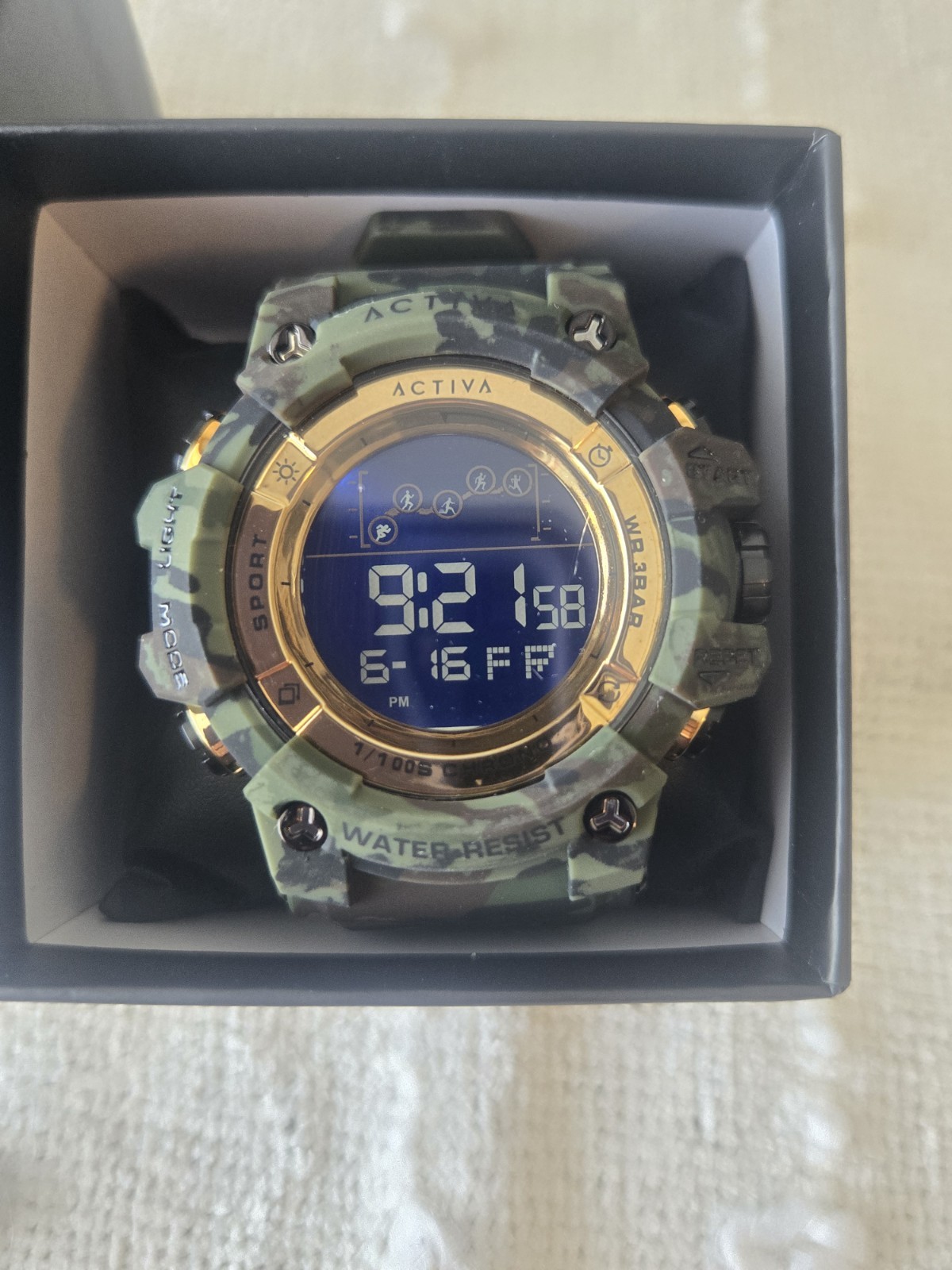 Activa Digital Quartz Sport Watch Chronograph Backlight Alarm Camo 50mm Box