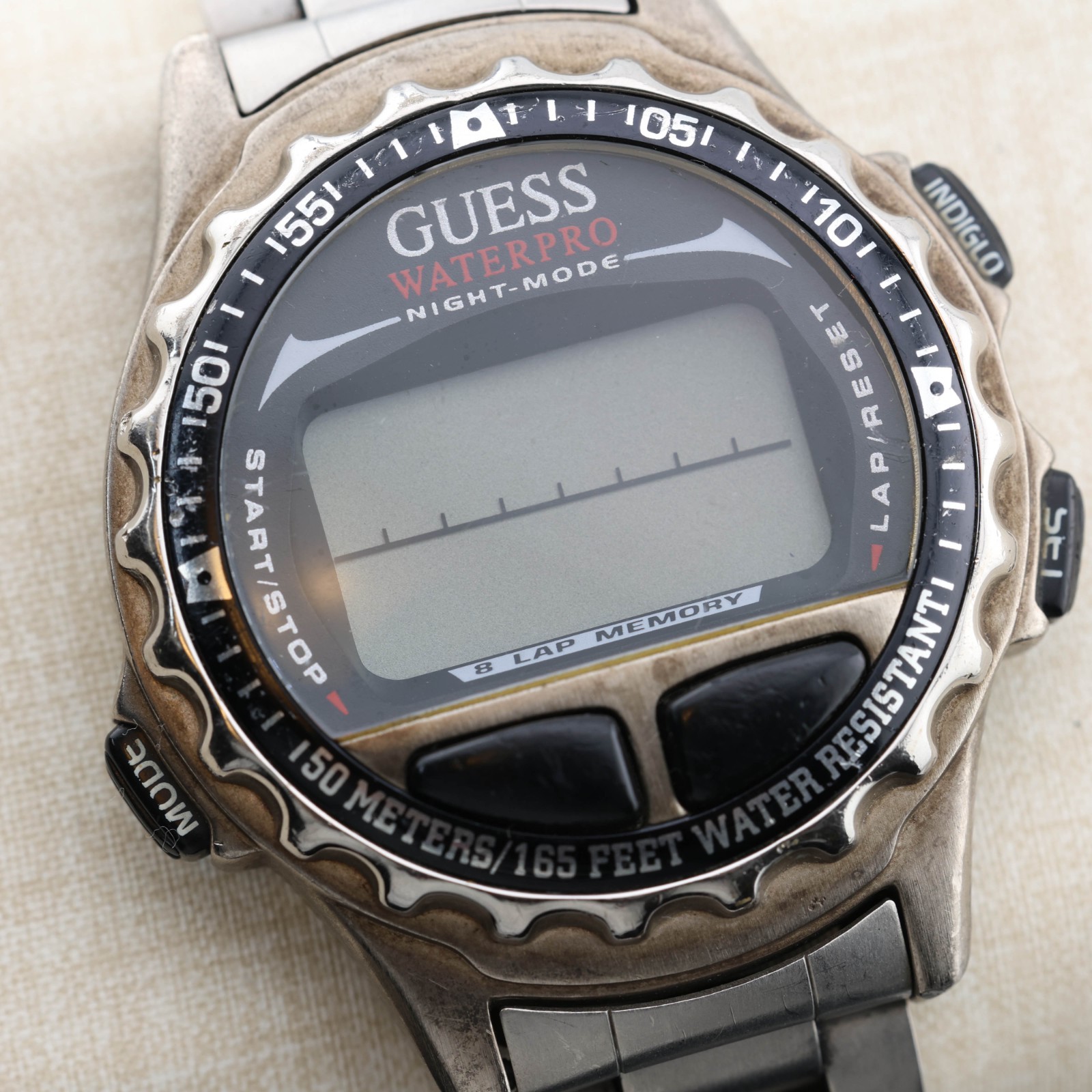 GUESS Waterpro Indiglo 8 Lap Quartz Digital Men’s Watch Sz. 7″ New Battery