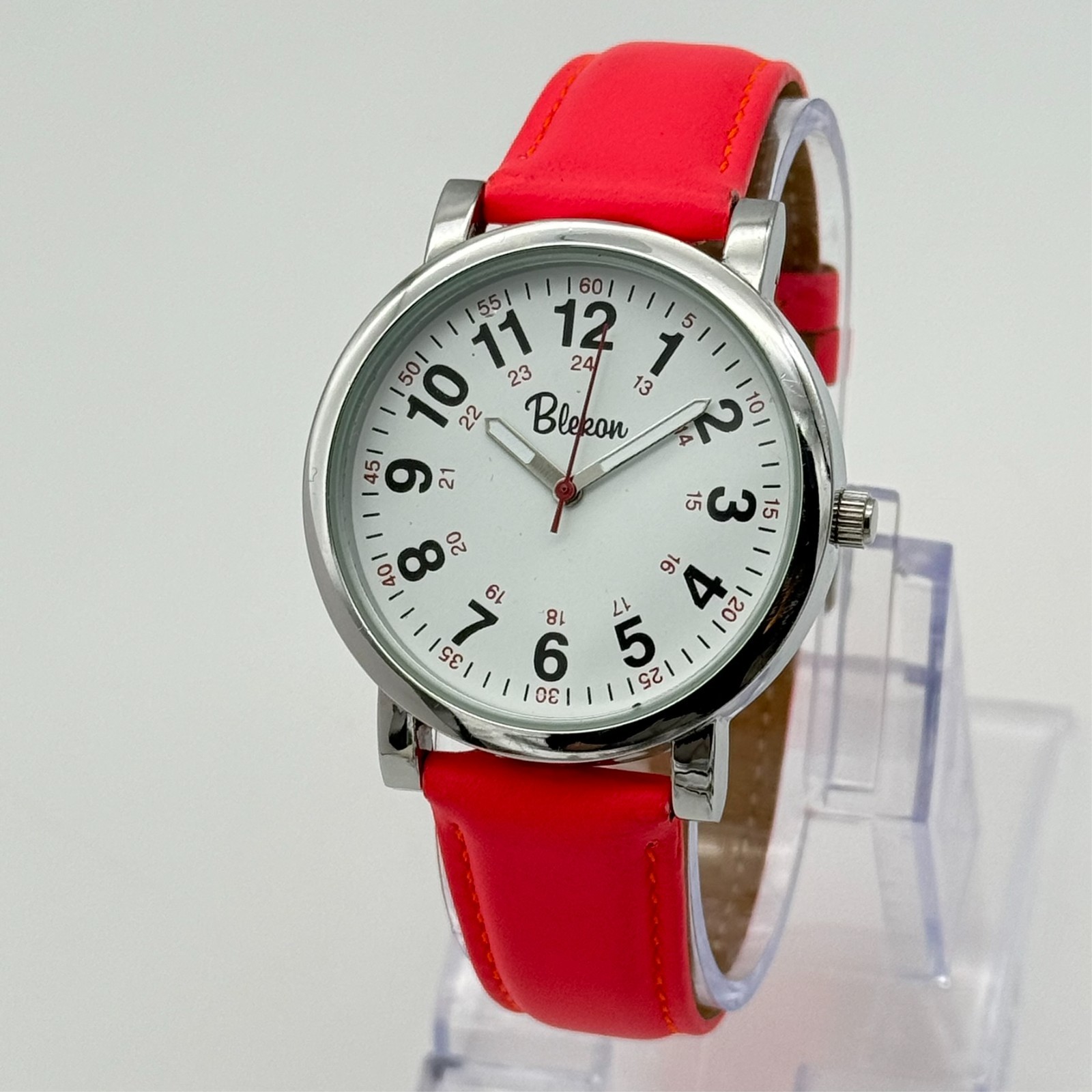 Unisex BLEKON Silver Tone Easy Read Nurse’s Watch, 38mm, Bright Pink Leather