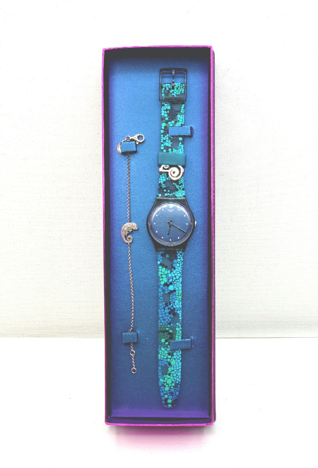 Swatch GZ320 Chamecrazy Blue Green Bubbles 925 Silver Chameleon Bracelet In Box