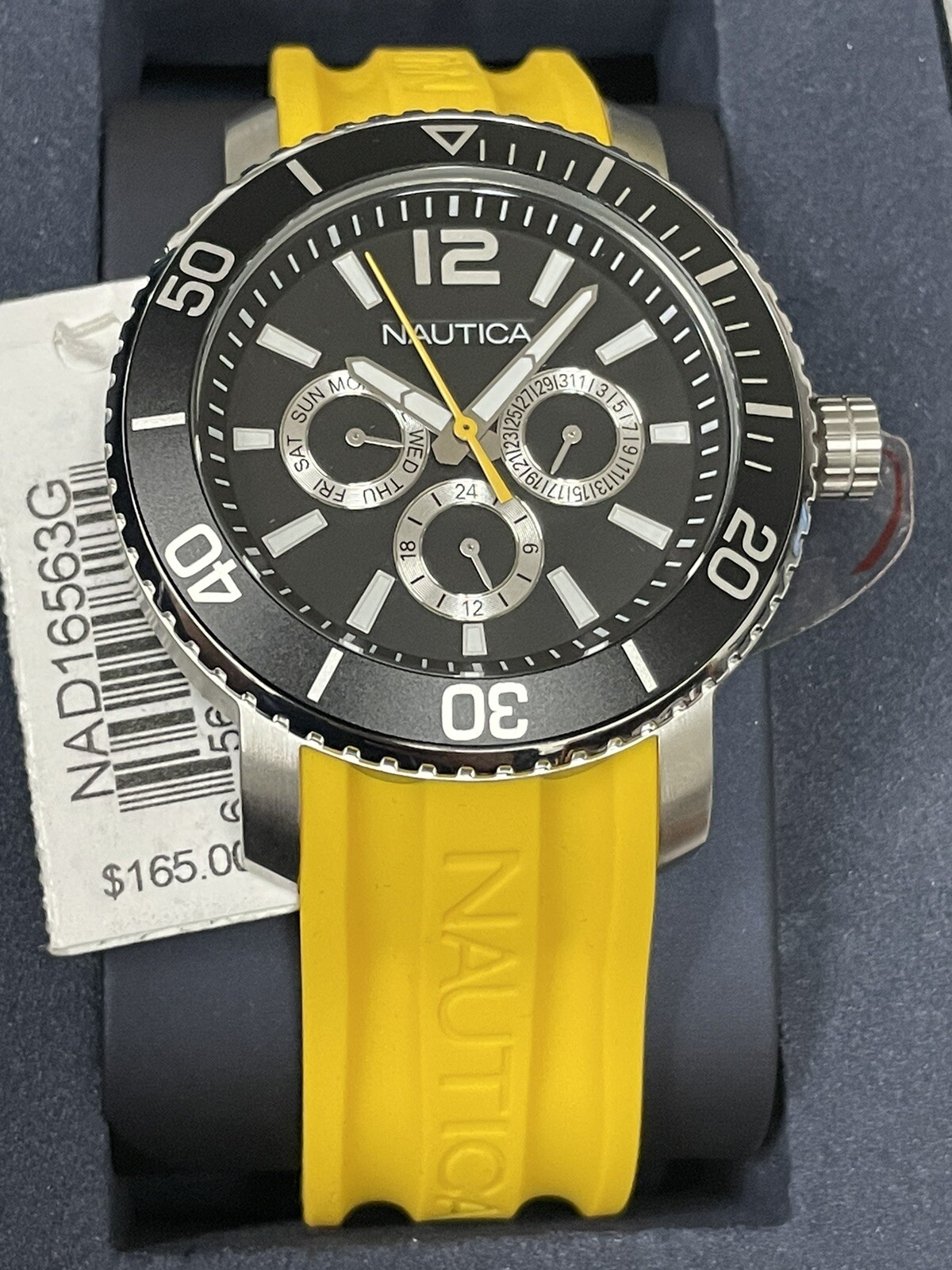 men’s Nautica watch black dial steel case yellow rubber strap 45mm NAD16563G