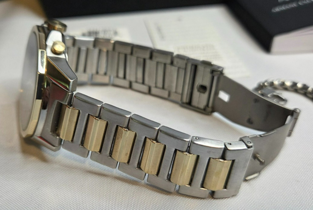 Armani Exchange Two-Tone IP Chronograph Watch with Black Dial and Chain Bracelet