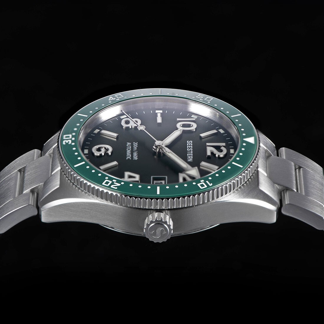 Seestern S434 Automatic Silver Green Date White Sapphire Knit Men’s Watch