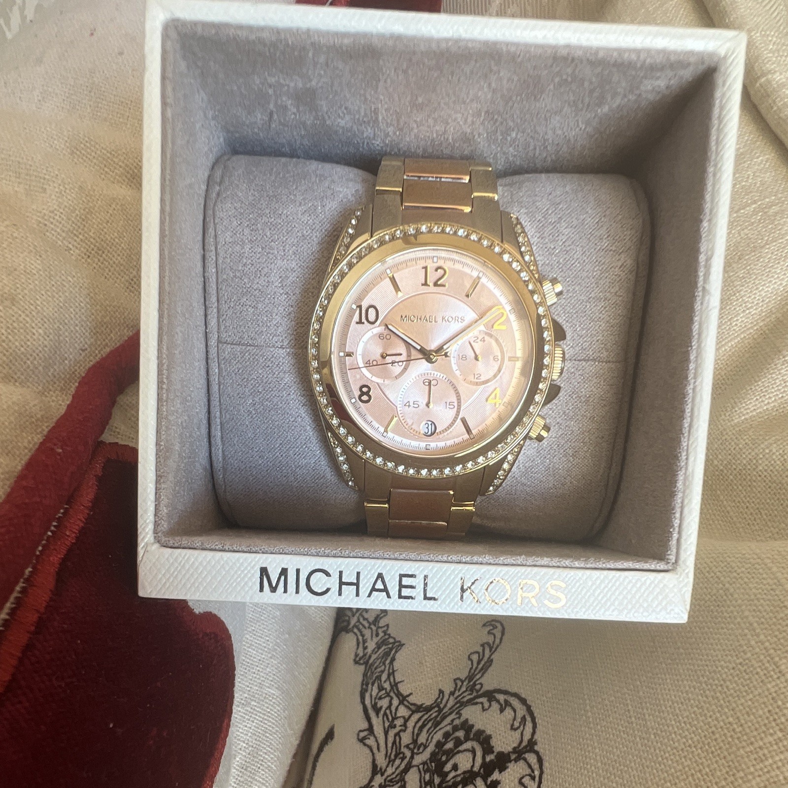 Michael Kors MK-6316 Two-Tone Gold/Rose Quartz Chronograph Date Box Papers