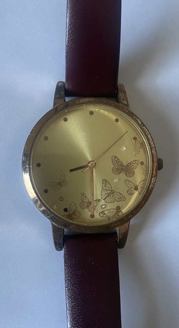 Opia Women’s Fashion Watch With Gold Toned Case, dark red leather strap