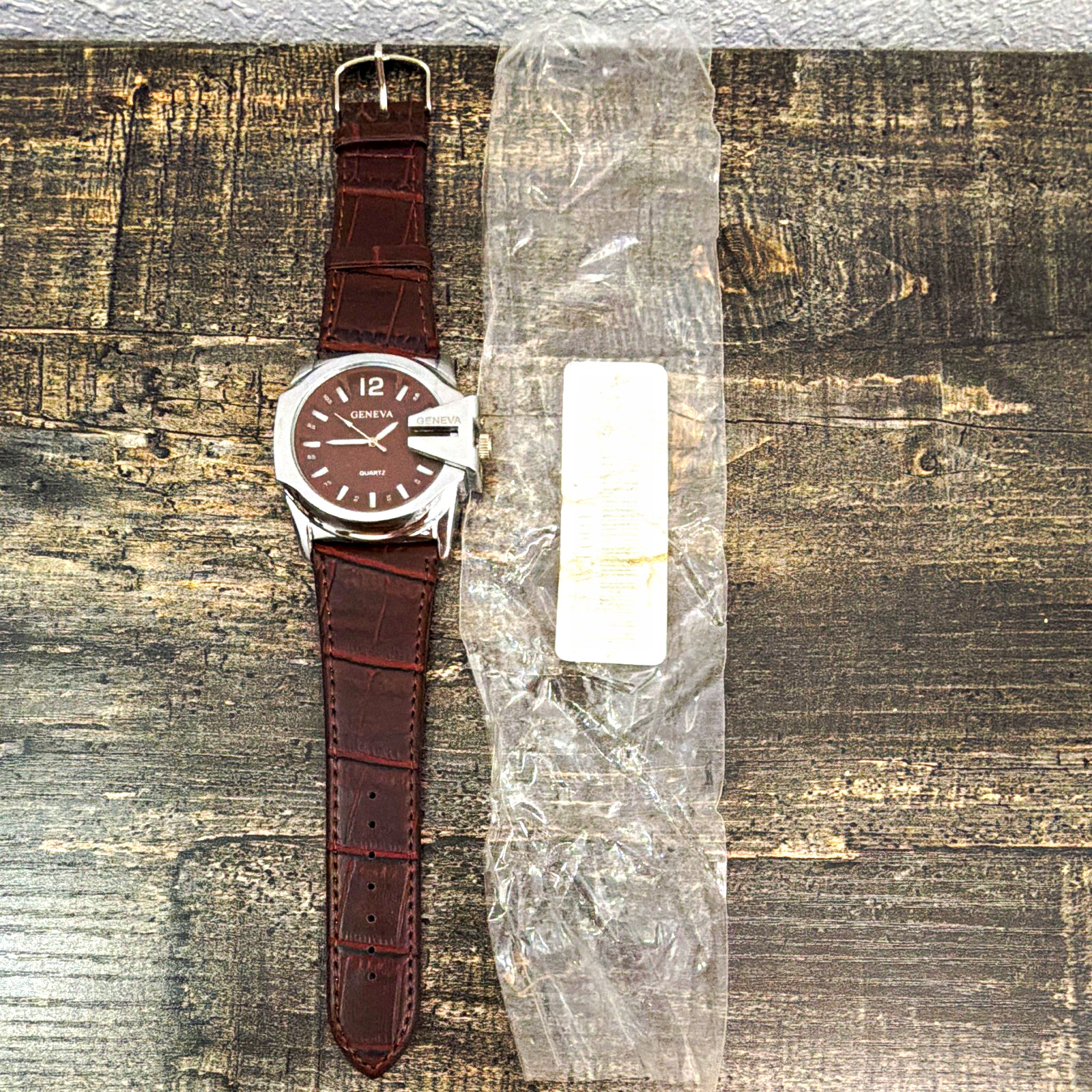 GENEVA Quartz Water-Resistant 42mm Brown Dial Silver Case Leather Strap