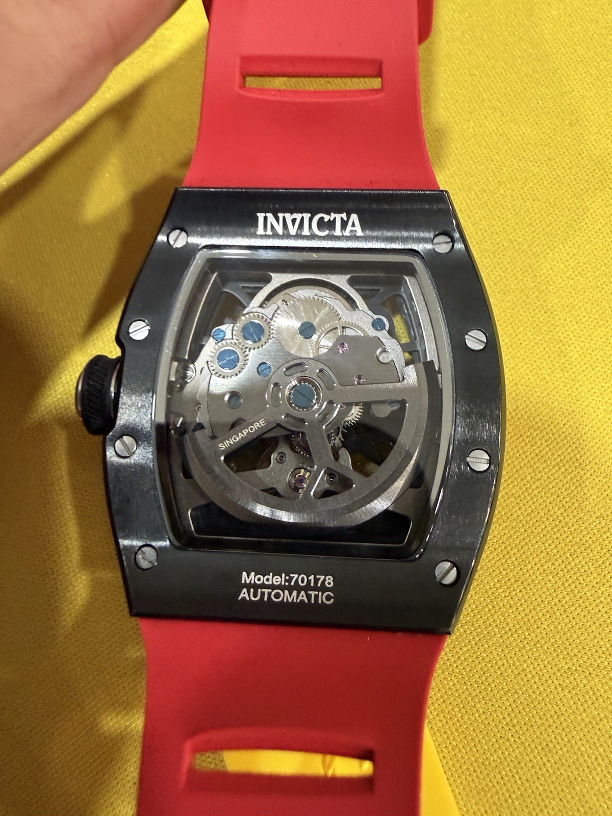 Invicta 70178 Men’s Automatic Skeleton Dial Tonneau Watch Black/Red Strap