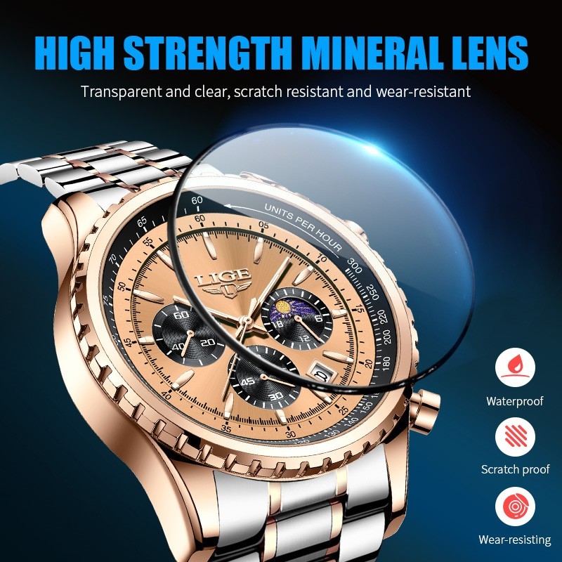 LIGE Men Watch Quartz Date Moon Phase Chronograph 3ATM Waterproof Man Wristwatch