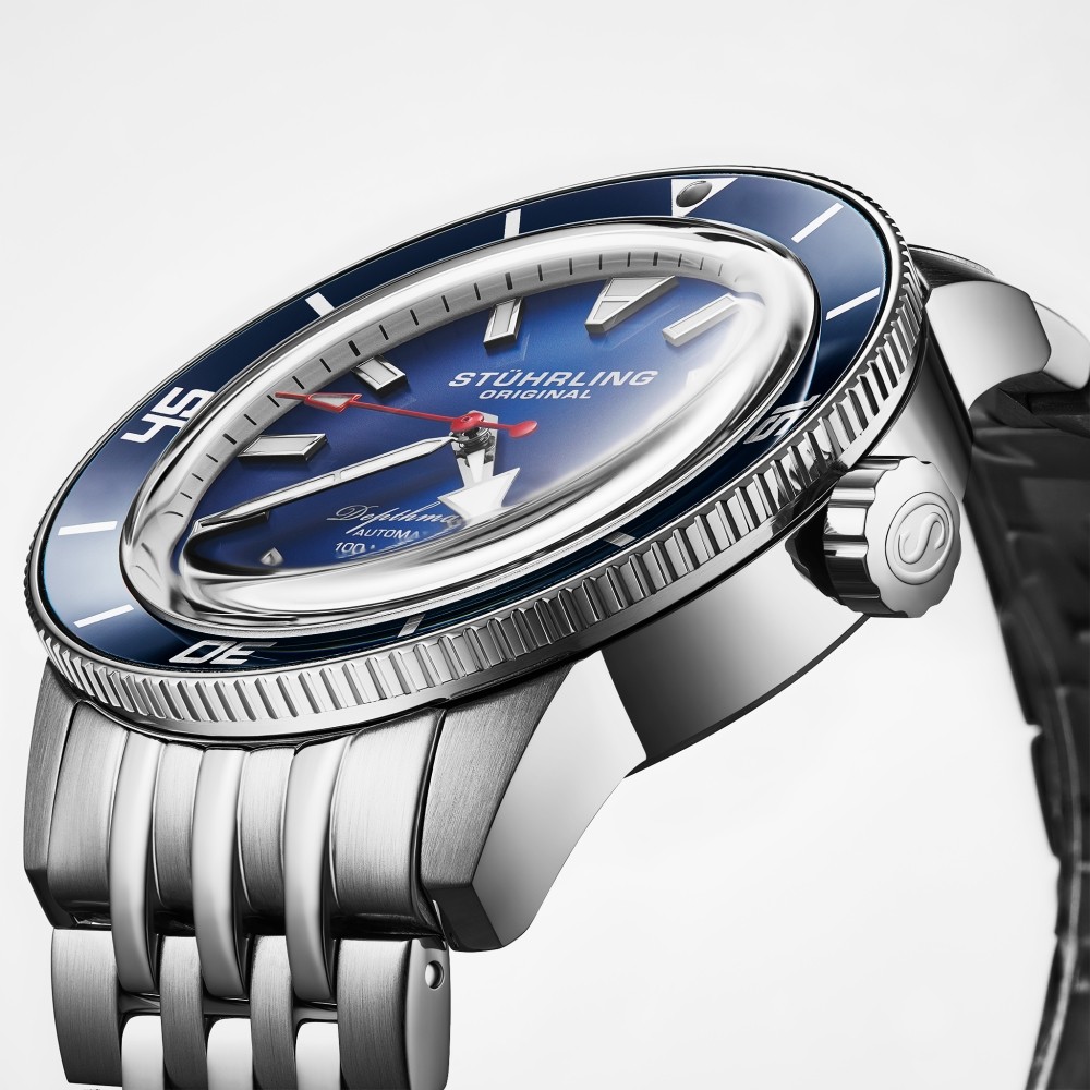 Stuhrling 4086 2 Aquadiver Depthmaster Automatic Date Blue Dial Mens Watch