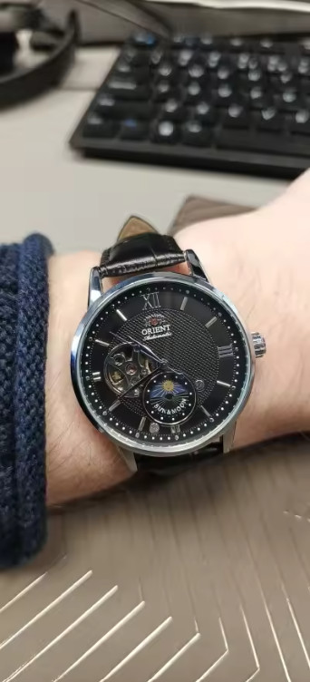 Orient Sun & Moon Semi Skeleton Automatic Watch Men’s Leather Strap Luxury Gift