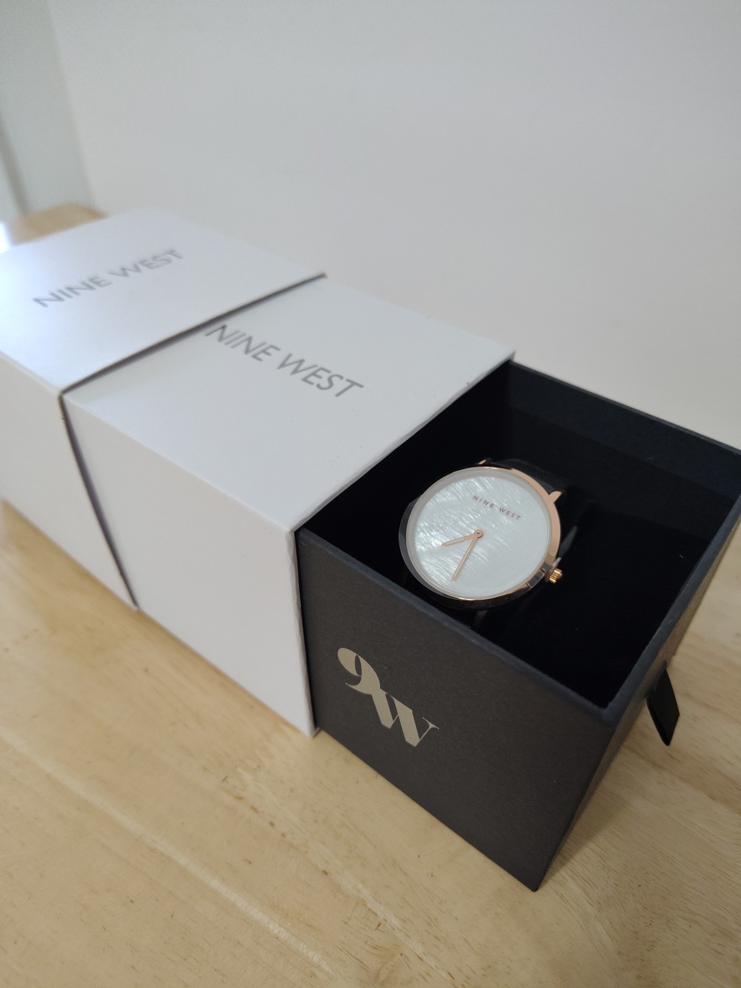 Nine West Wrist Watch: Black Band, Rose Gold Bezel White Face Automatic Japanese