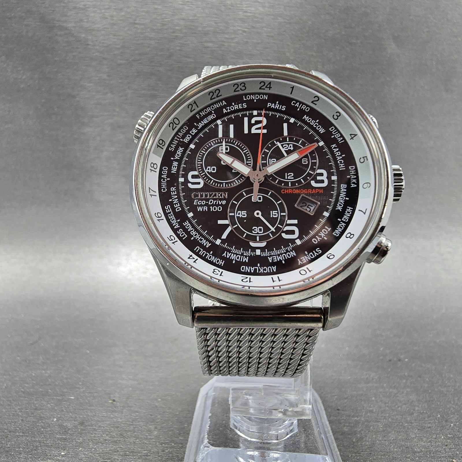 Citizen Eco-Drive World Timer Watch Men 43mm Black Dial Silver Tone Chrono Runs