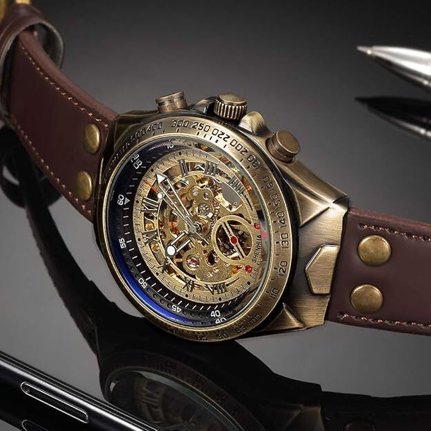 Luxury Men’s Automatic Mechanical Wrist Watch Leather Strap Retro Skeleton Dial