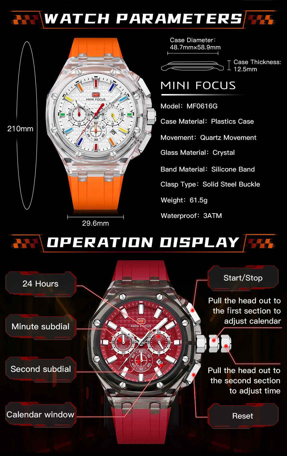 Multifunctional Men’s Transparent Case Quartz Watch Waterproof Luminous 0616G